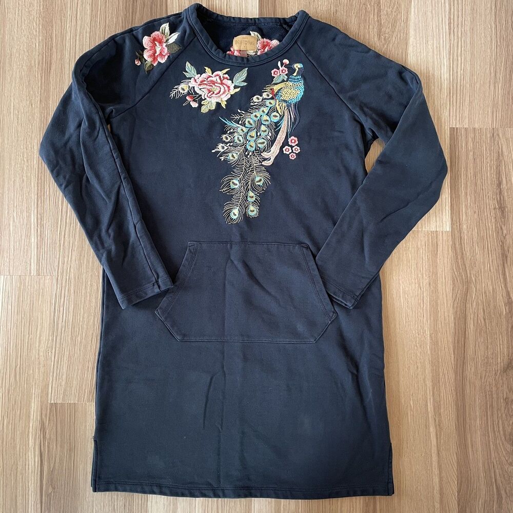 Driftwood Layla Tunic Sweatshirt Dress Sz M Embroidered Peacock Floral Navy Folk